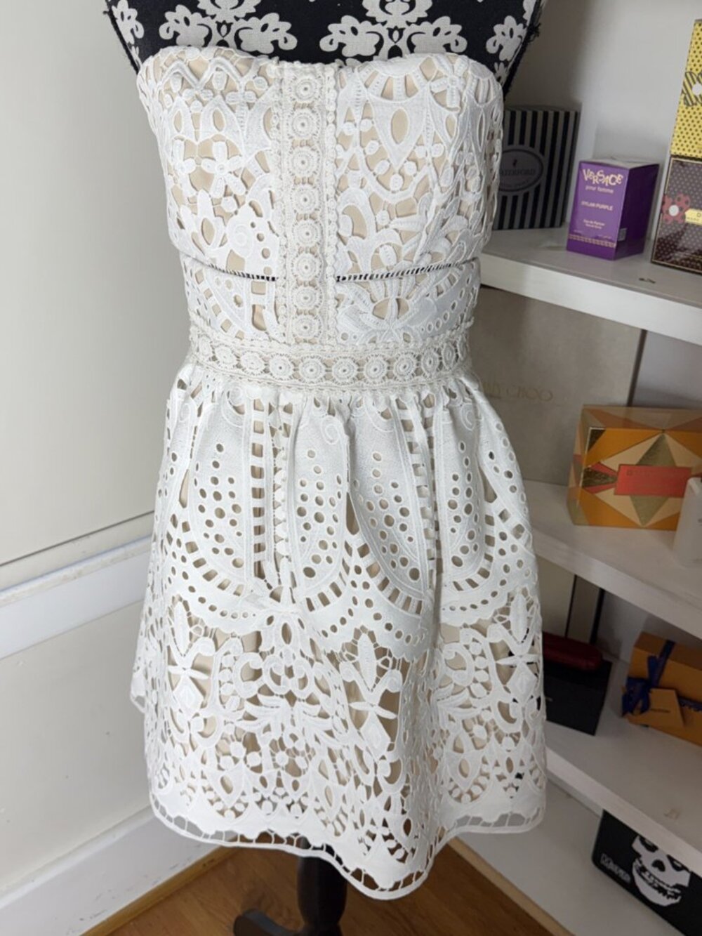 Anthropology Adelyn Rae White Crochet Lace Strapless Dress Nude Lining Small